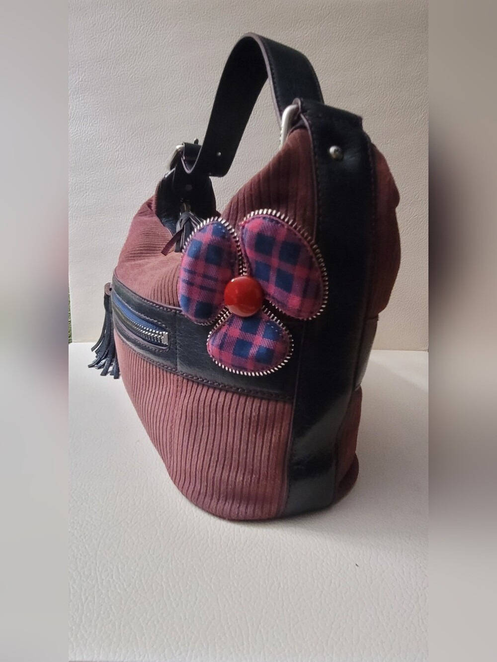 Marc Jacobs Vintage Burgundy Suede Bag With Plaid Flower Accent